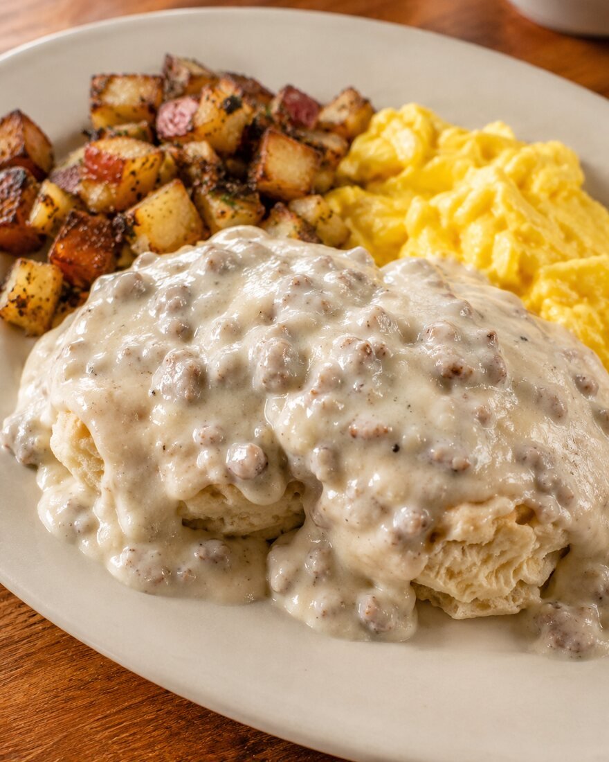 Biscuits and gravy with scrambled eggs and potatoes